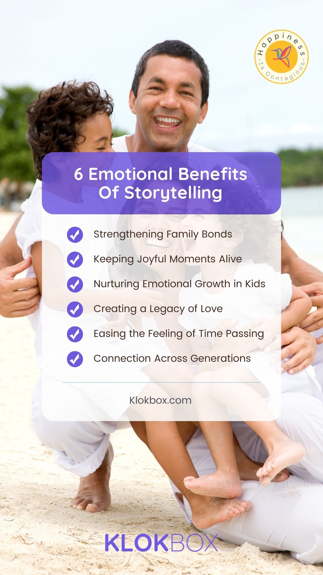 A smiling family sitting together on a couch, looking at a tablet, sharing and enjoying family photos and videos. Why Every Photo Deserves a Story The Emotional Benefits of Storytelling with Klokbox