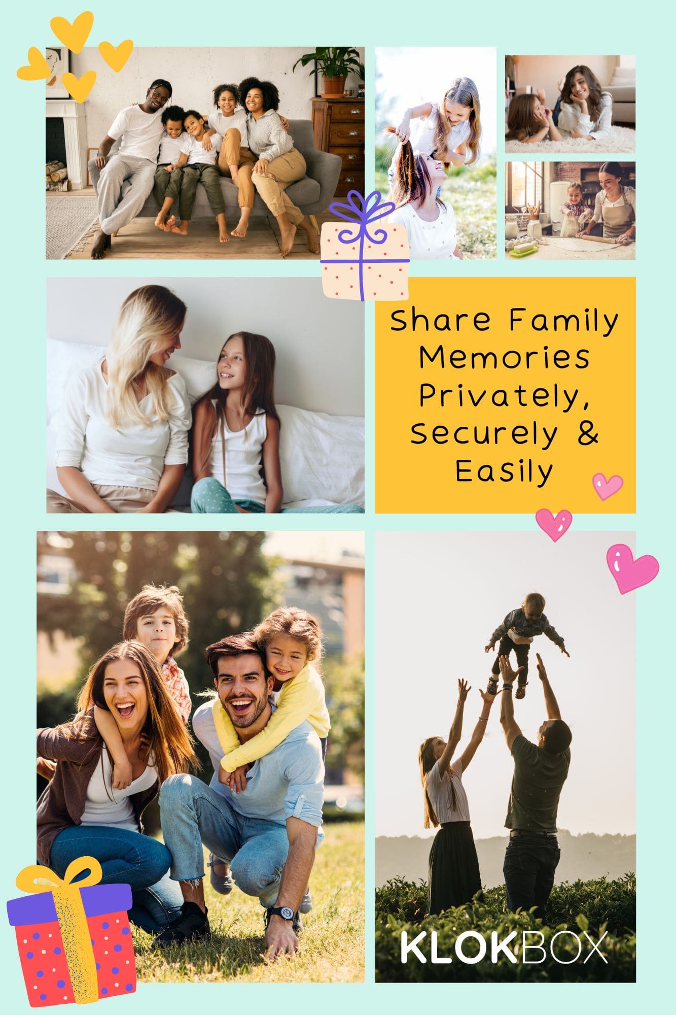 A screenshot of the Klokbox app open on a tablet, showing the private sharing options for a family album. Various photos are neatly organized under labeled story boxes, including ‘Summer Vacation,’ ‘Kids’ Recitals,’ and ‘Holiday Moments.’ Text over the image reads, ‘Share Family Memories Privately with Klokbox – Control Who Sees Your Precious Memories.’ The image emphasizes Klokbox’s privacy features, allowing users to share family albums securely with specific loved ones, unlike traditional social media sharing.