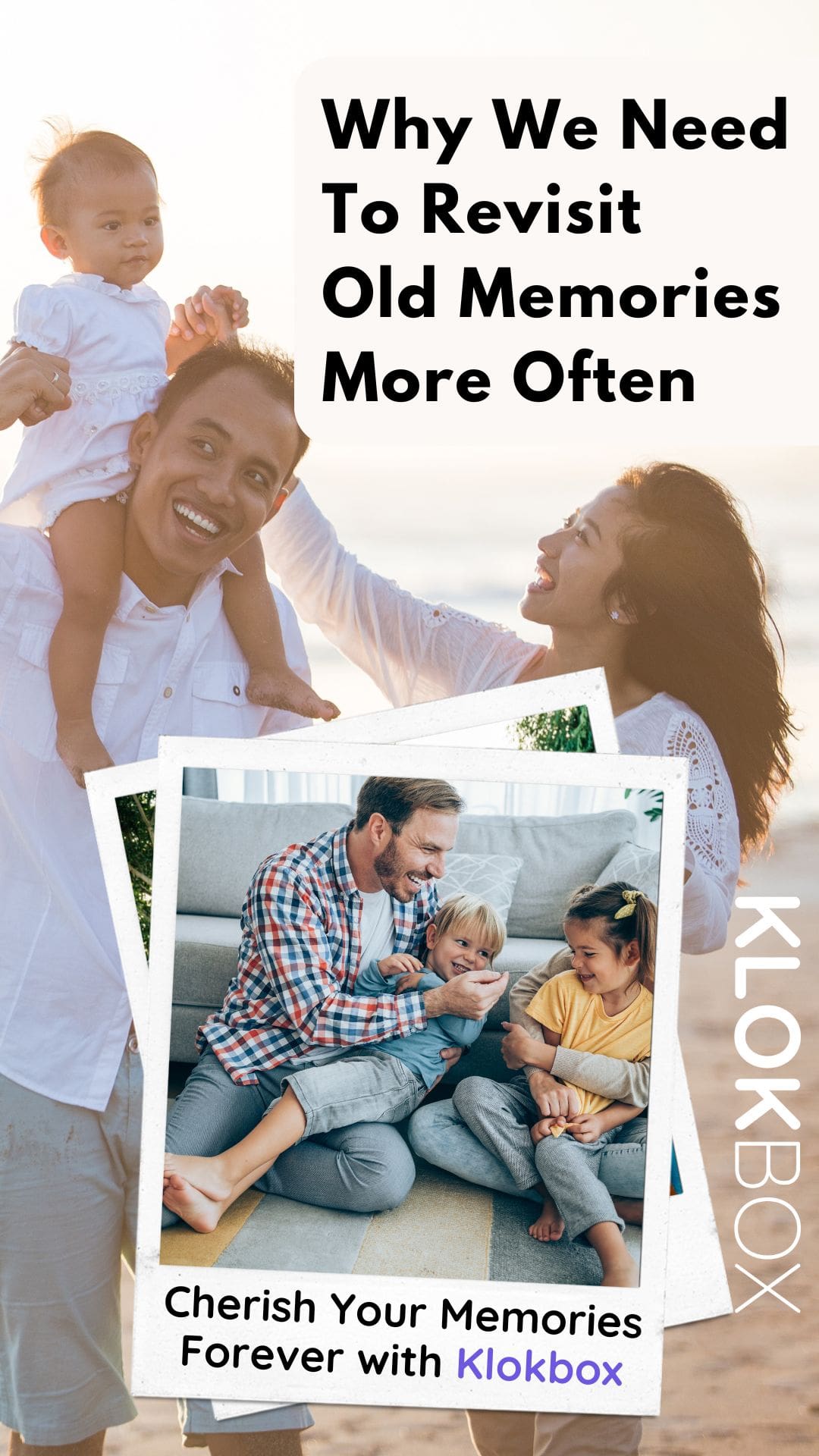 A vibrant and heartwarming image featuring a family laughing together while looking at old photographs. The text on the image reads, "Revisit Your Happy Moments Anytime with Klokbox" in bold, cheerful font. The background includes a cozy living room setting with a warm glow, emphasizing nostalgia and connection. The image conveys the joy of reliving treasured memories through Klokbox.