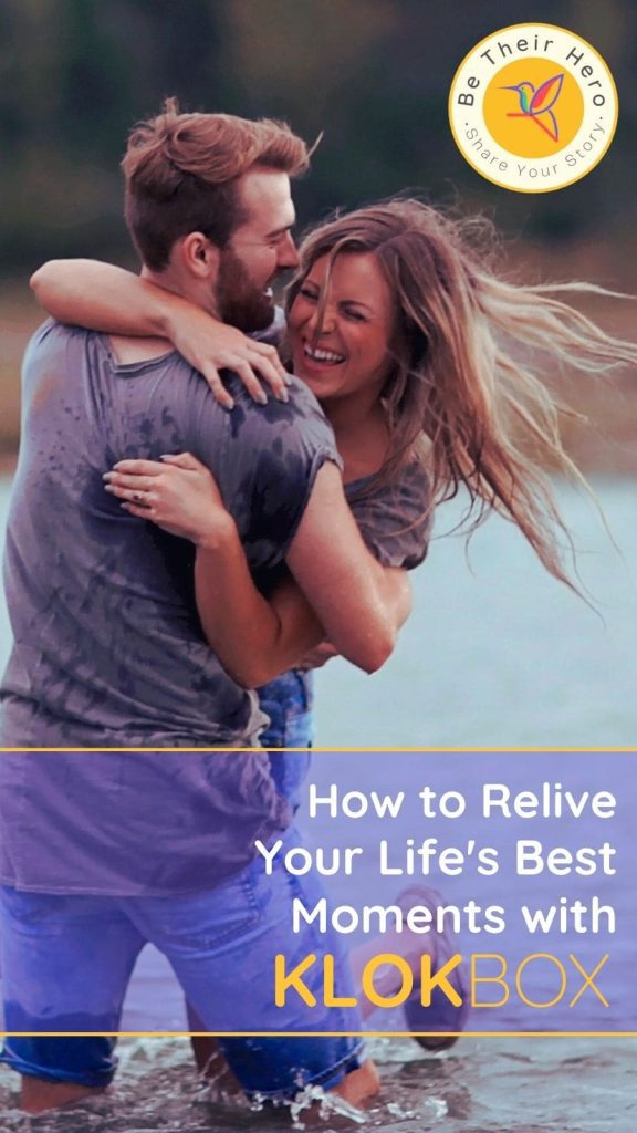 Smiling couple embracing joyfully in a playful moment at a beach, representing Klokbox's tagline: How to Relive Your Life's Best Moments. How Klokbox Helps You Relive Life's Best Moments