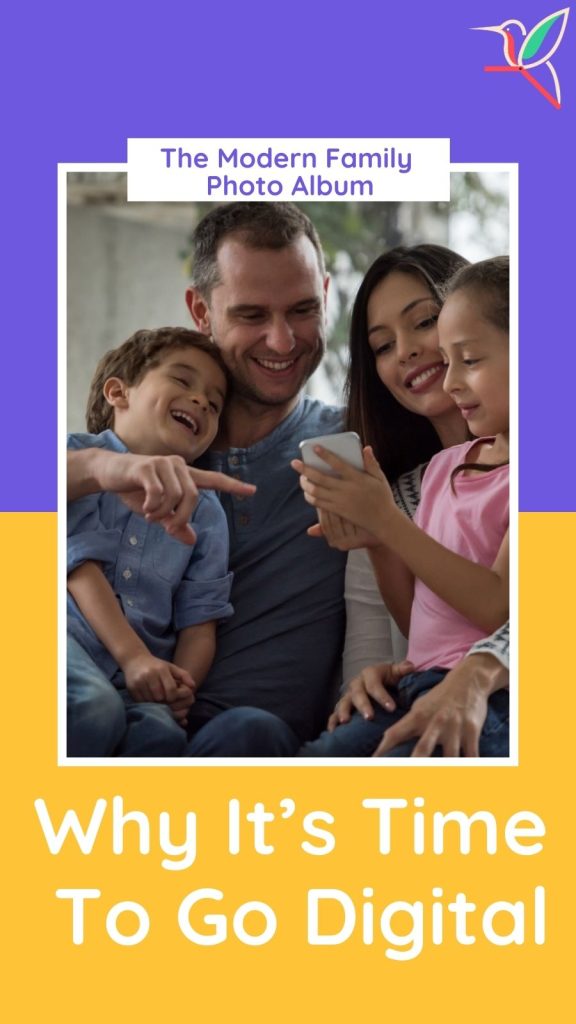 A family of four smiling and laughing while looking at a smartphone together, symbolizing a modern and joyful way of reliving memories. The text reads: 'The Modern Family Photo Album: Why It’s Time To Go Digital,' set against a vibrant purple and yellow background with a logo in the corner. The Modern Family Photo Album Why It’s Time to Go Digital